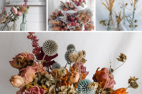 A collage of dried flowers for trying something edgy when designing your diy wedding flowers.